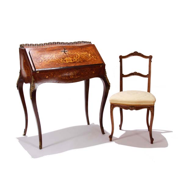 Appraisal: Louis XV style marquetry inlaid writing desk with chair The