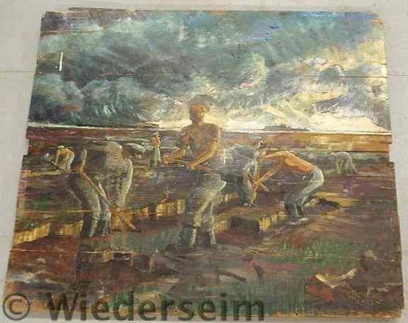 Appraisal: Large oil on pine board painting of laborers digging signed