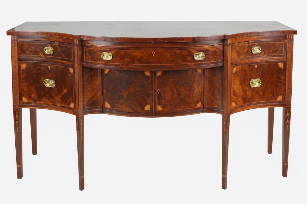 Appraisal: GEORGIAN STYLE INLAID MAHOGANY SIDEBOARD th century the lhardware stamped