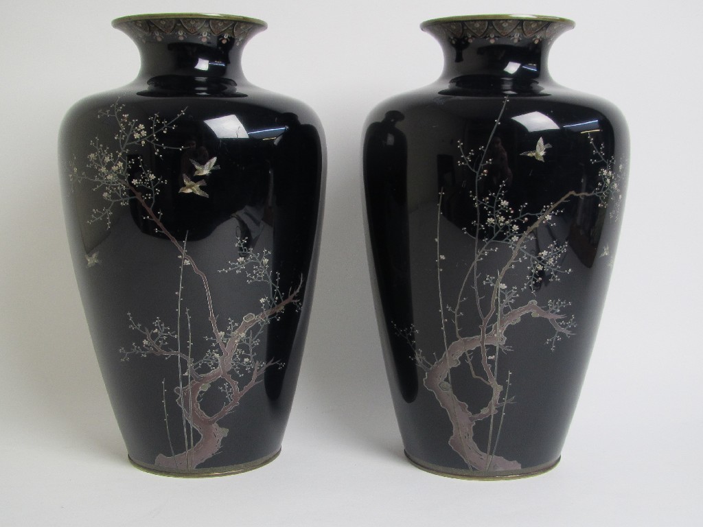 Appraisal: A pair of Japanese cloisonne baluster vases decorated with birds