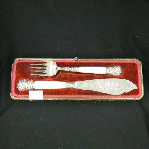 Appraisal: English Silver Ivory Fish Serving Set knife fork in original