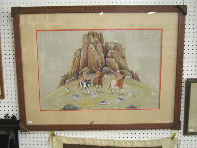 Appraisal: H Pratt Watercolor Gouache Indians on horseback with wolves approx