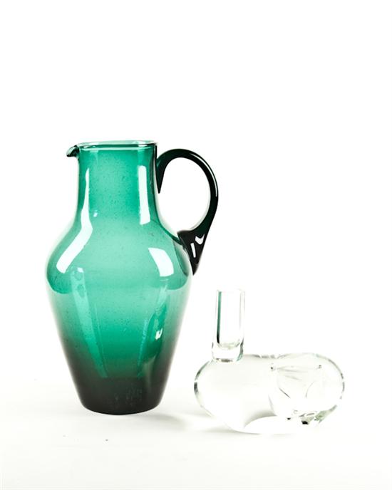 Appraisal: Tall Green Bubble Glass Pitcher and Clear Glass Cat-shaped Bud