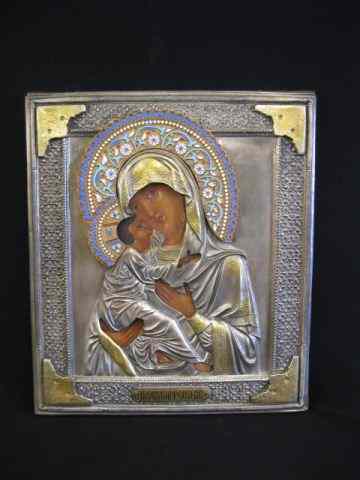 Appraisal: Russian Icon Madonna Child silver gold decorated trim with faux