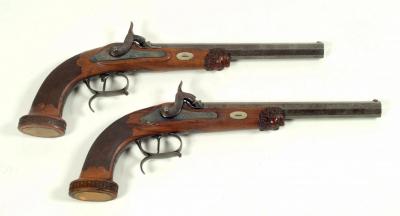 Appraisal: A PAIR OF BELGIAN PERCUSSION ACTION PISTOLS with octagonal damascus