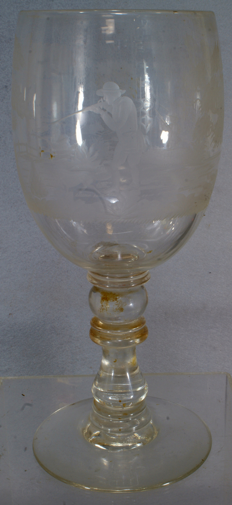 Appraisal: Engraved Bohemian glass goblet Hunters and Dogs in Forest rough