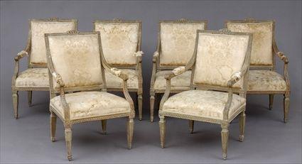 Appraisal: SET OF SIX LOUIS XVI-STYLE CARVED AND PAINTED FAUTEUILS A