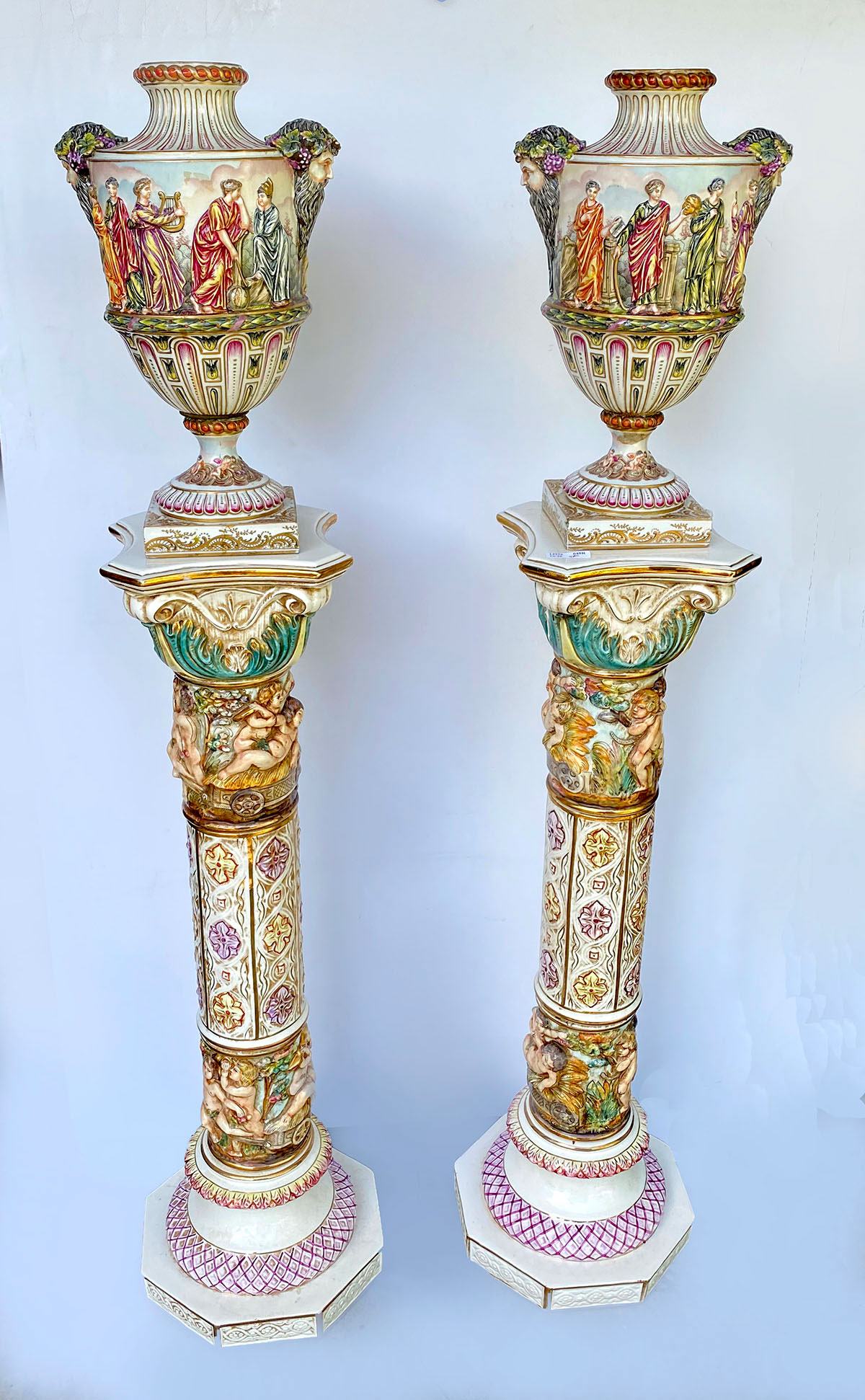 Appraisal: PC CAPO DI MONTE URNS AND PEDESTALS Marked at underside