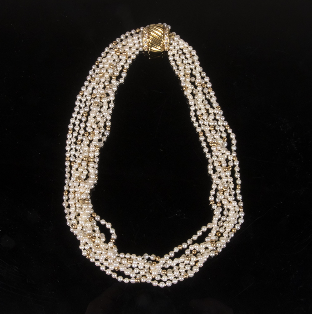 Appraisal: CHOKER FORM DESIGNER PEARL NECKLACE strands of pearls with gold