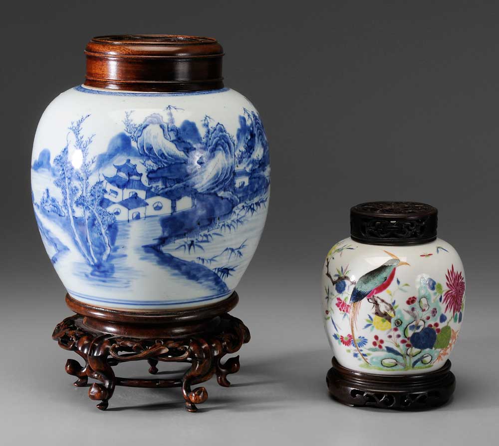 Appraisal: Two Porcelain Jars Chinese one famille rose phoenix perched among