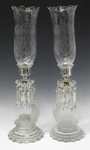 Appraisal: pair French Baccarat crystal hurricane candle lamps shade with scalloped