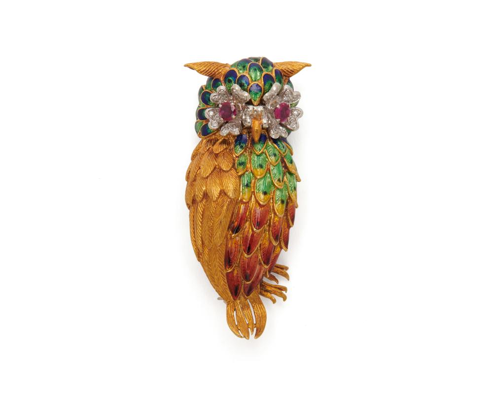 Appraisal: K Gold Enamel Diamond and Ruby Owl Brooch the owl