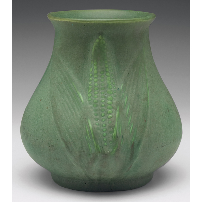 Appraisal: Hampshire vase bulbous shape with corn designs covered in a