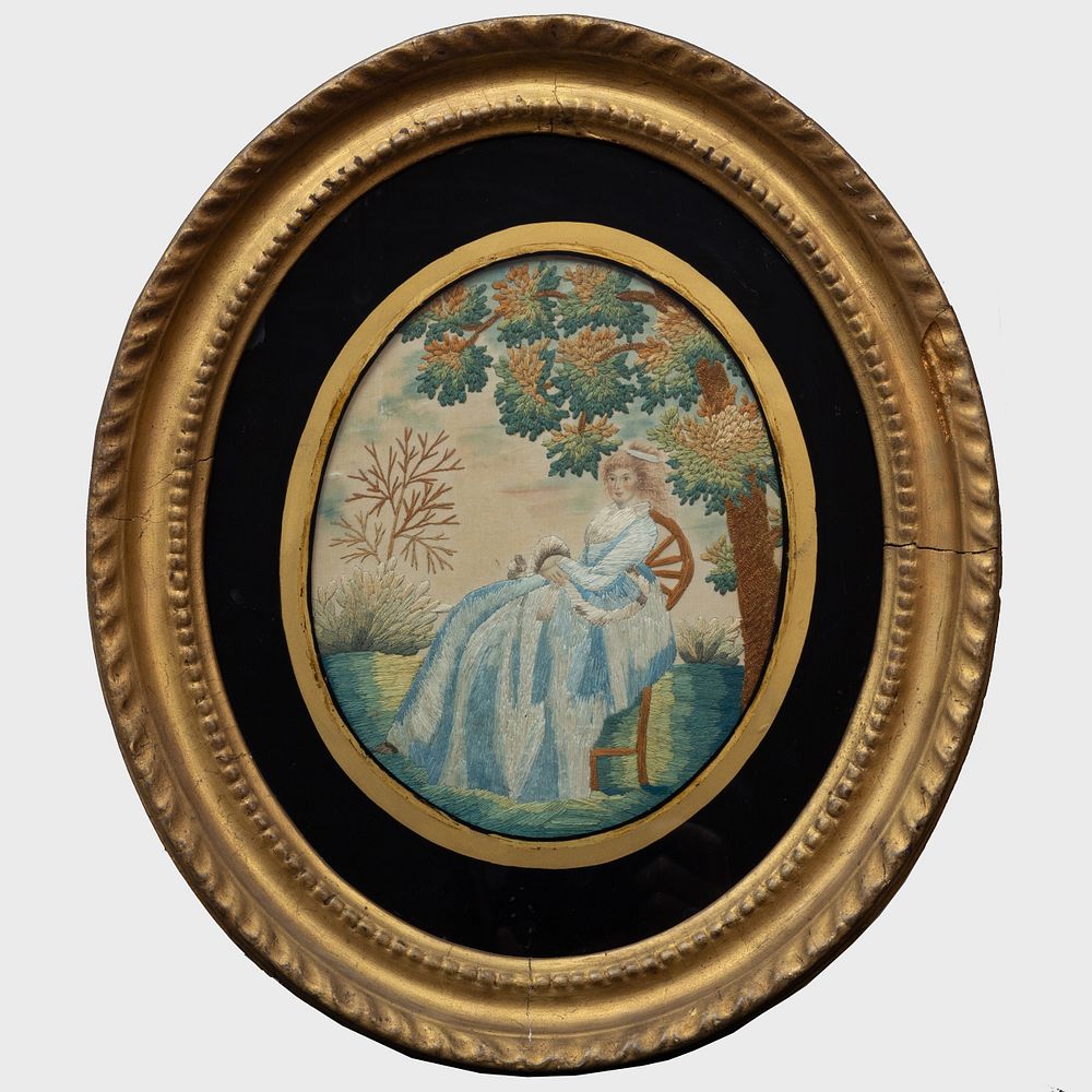 Appraisal: Three George III Silk Embroidered Figural Oval Pictures Comprising A