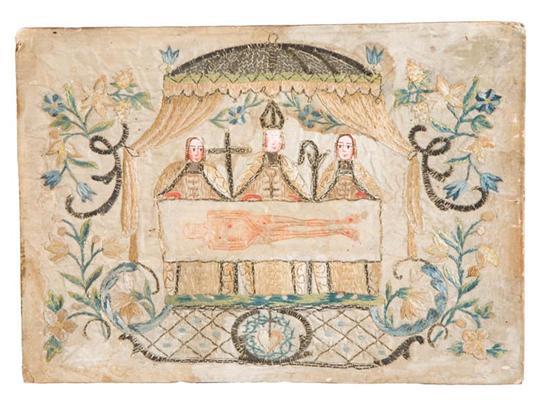 Appraisal: RELIGIOUS NEEDLEWORK Probably Continental th century silk and metallic thread