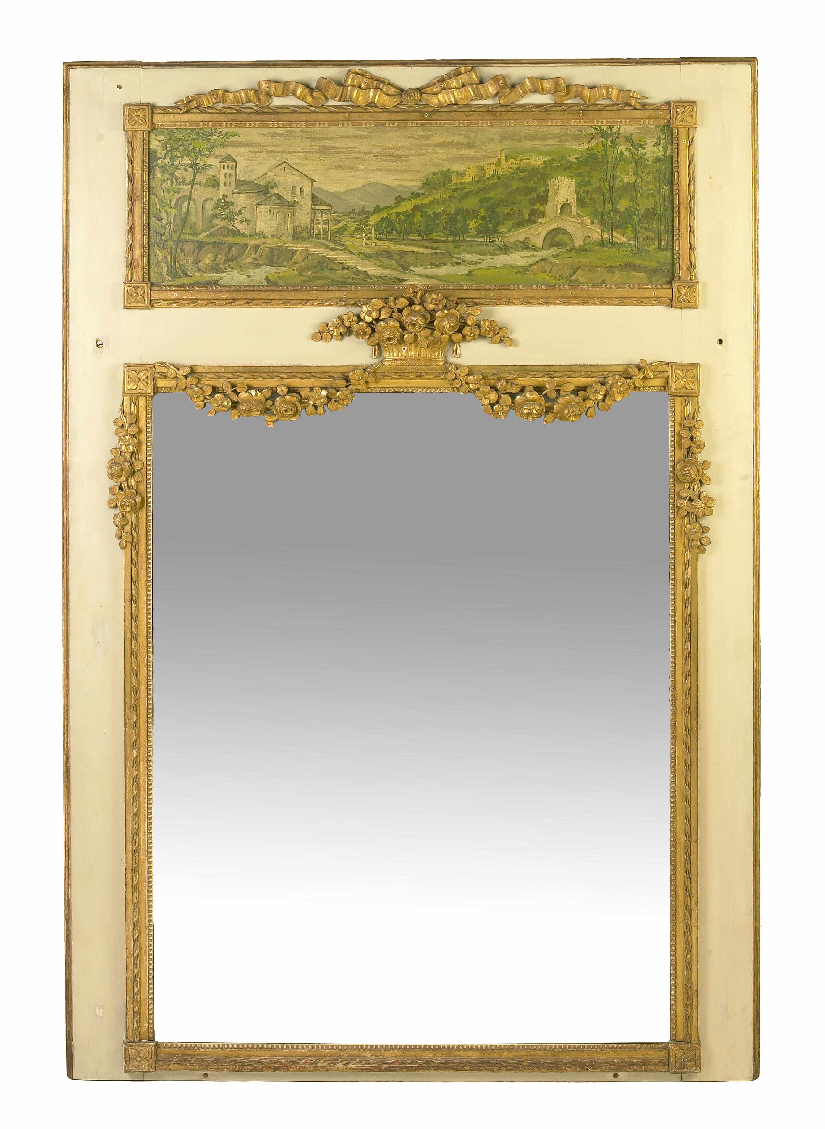 Appraisal: A Louis XVI style parcel gilt and paint decorated trumeau