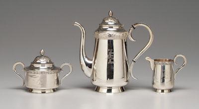 Appraisal: Latvia silver coffee service bodies with tapered sides S-scroll handles