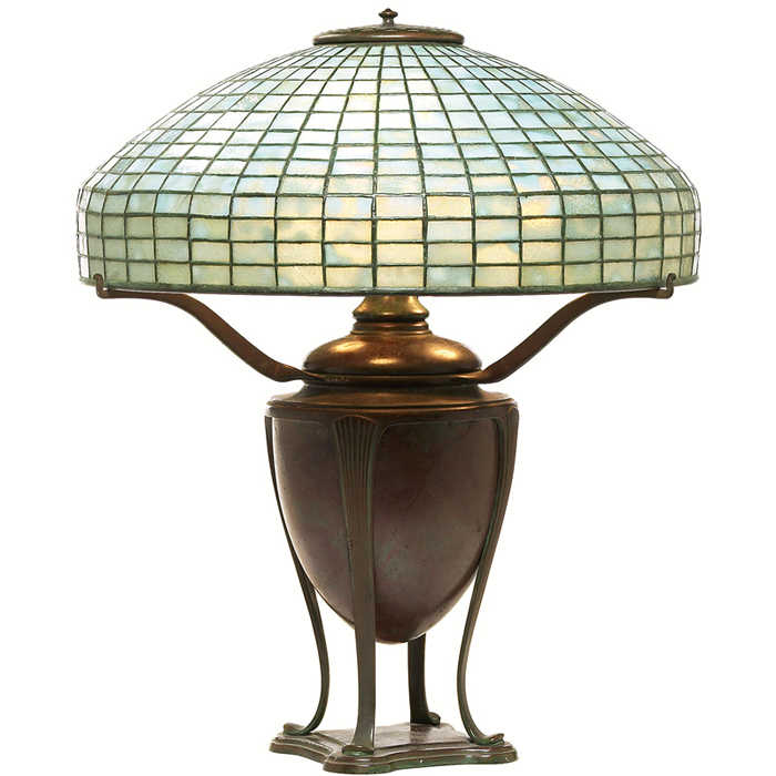 Appraisal: Fine Tiffany Studios lamp leaded glass geometric shade with beautifully