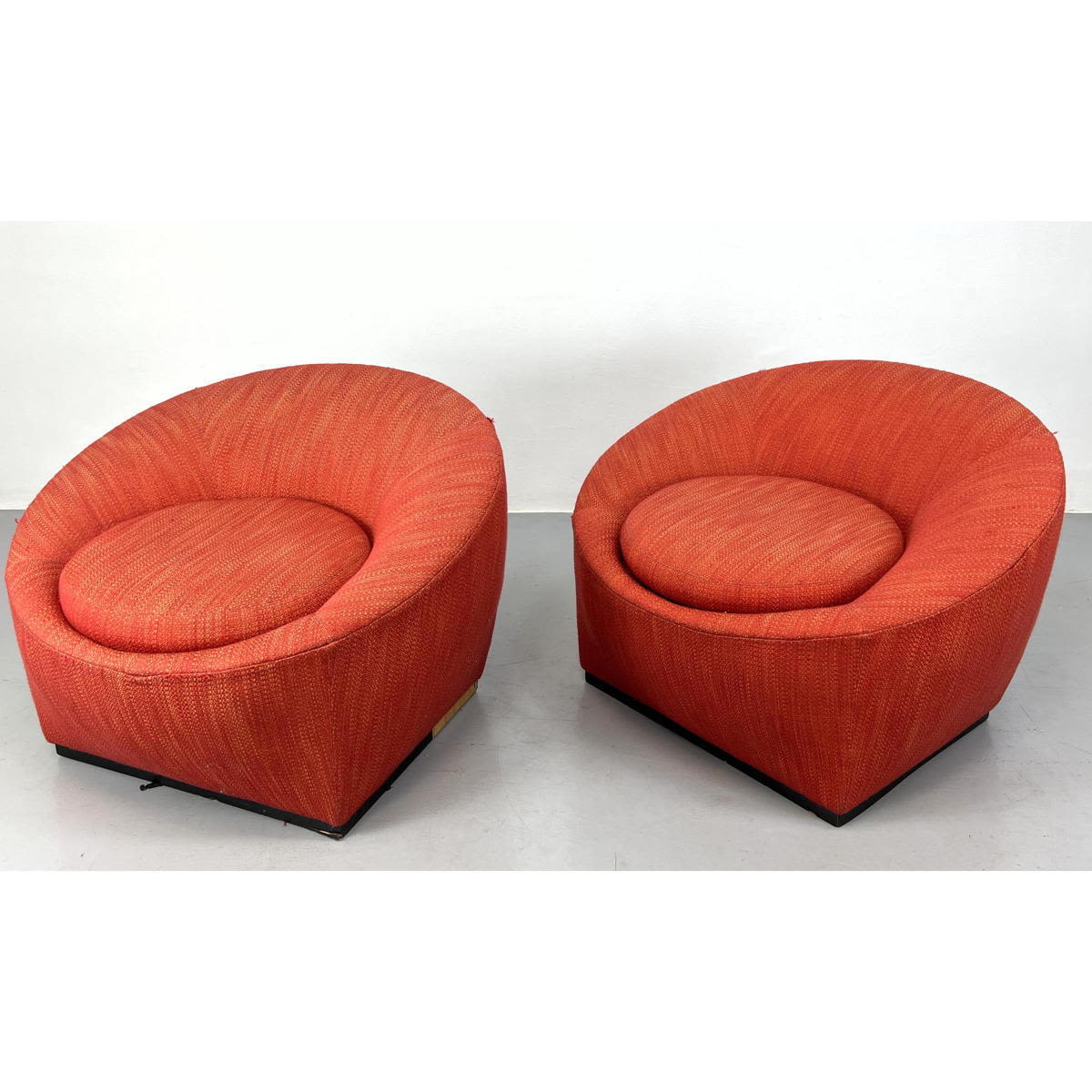 Appraisal: Pair Large Upholstered Lounge Chairs Orange upholstery Dimensions H inches