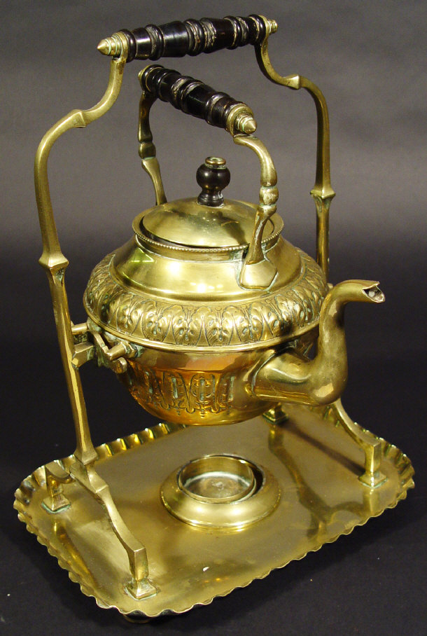 Appraisal: Victorian brass kettle on stand with turned ebonised wooden handle