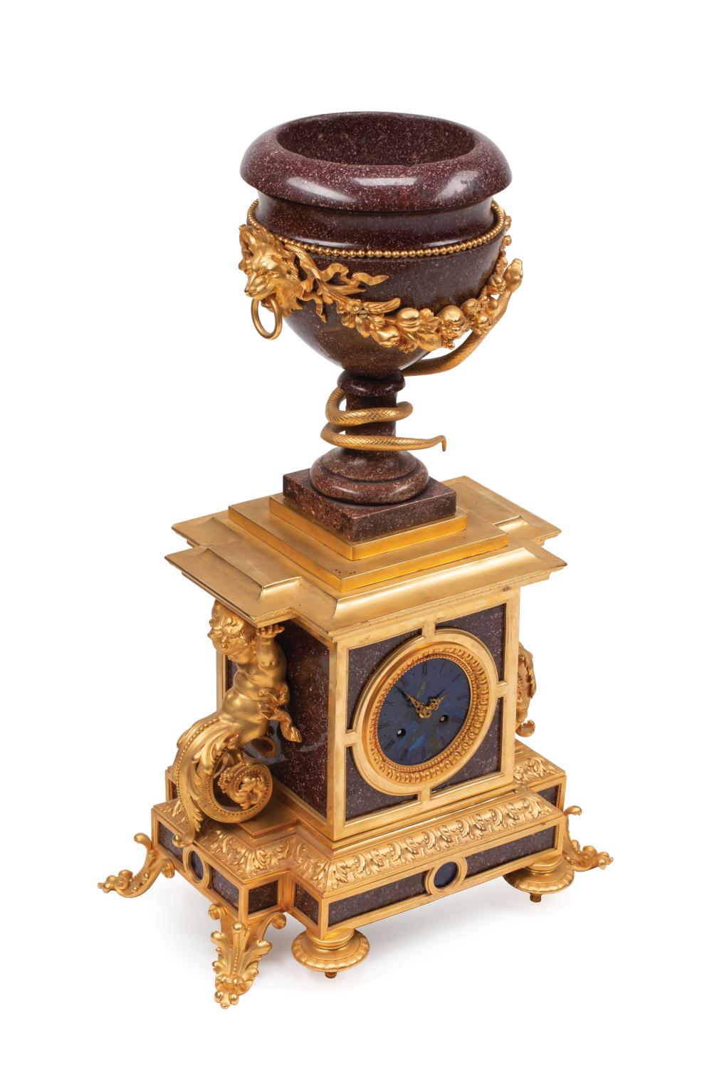 Appraisal: Louis XVI-Style Gilt Bronze-Mounted Porphyry and Lapis Lazuli Mantel Clock