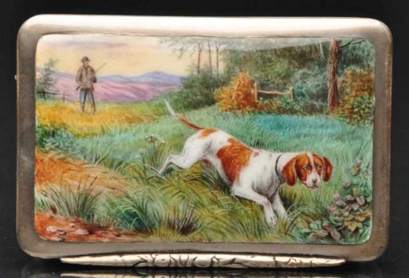 Appraisal: Silver- Enameled Cigarette Box With a dog and hunter with