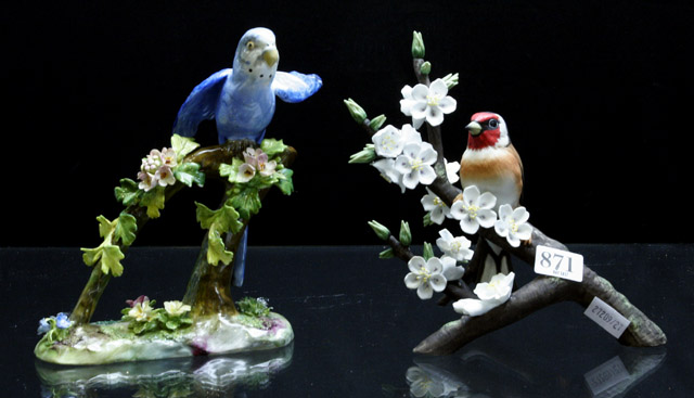 Appraisal: A Crown Staffordshire budgerigar together with an RSPB Goldfinch