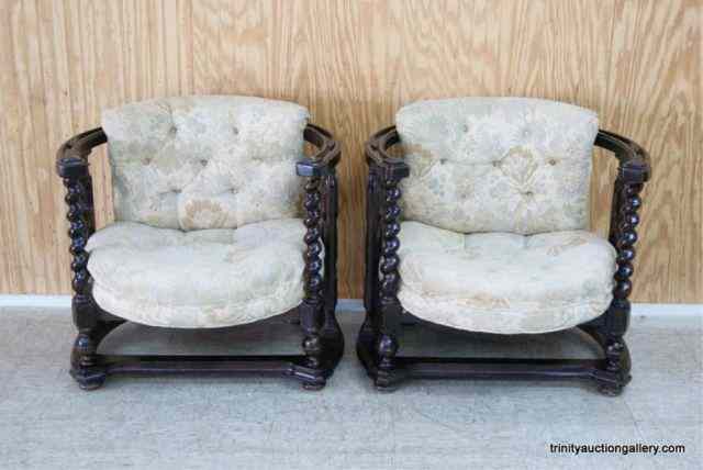 Appraisal: Vintage English Oak Barley Twist Barrel ChairsFrom the estate is