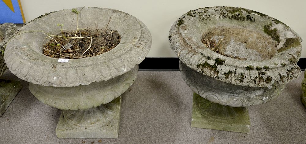 Appraisal: Pair of cement urns on square bases one top edge