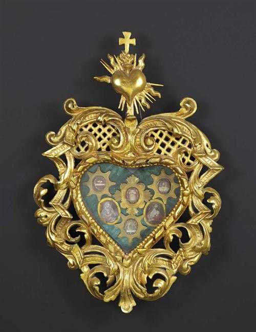 Appraisal: MONASTERY WORK WITH RELICS Baroque probably Switzerland circa Heart-shaped carved