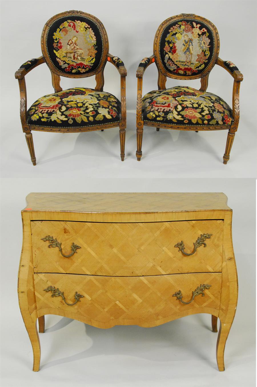 Appraisal: PAIR OF LOUIS XVI STYLE NEEDLEPOINT UPHOLSTERED COVERED FRUITWOOD FAUTEUIL