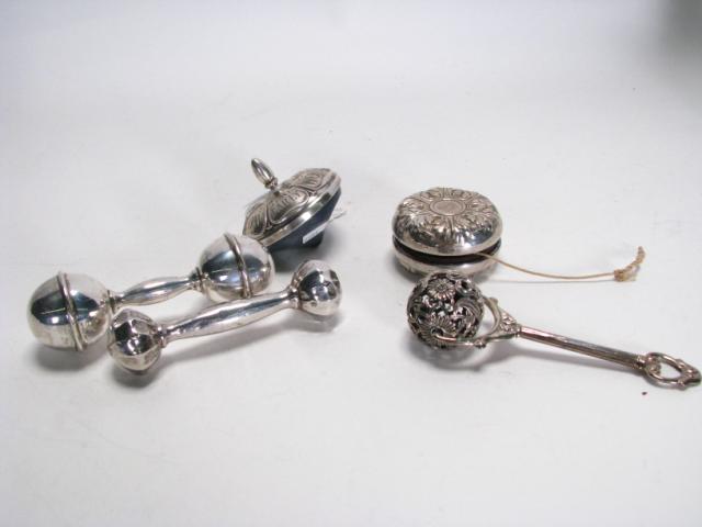 Appraisal: Group of antique sterling silver accessories including two baby rattles