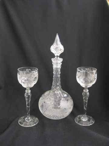 Appraisal: Cut Etched Crystal Decanter with Pair ofwine goblets grape vine