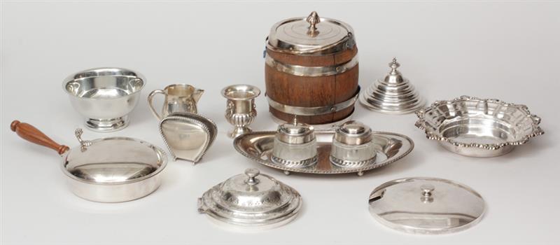 Appraisal: Group of Silver-Plated Table Articles Including an oak biscuit barrel