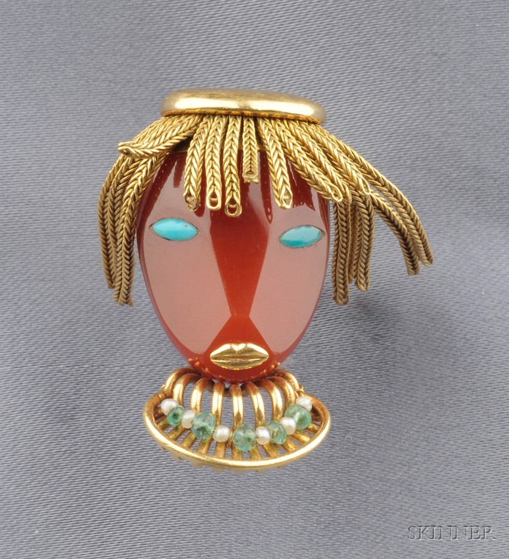 Appraisal: Retro kt Gold Carnelian and Gem-set Clip Brooch France with