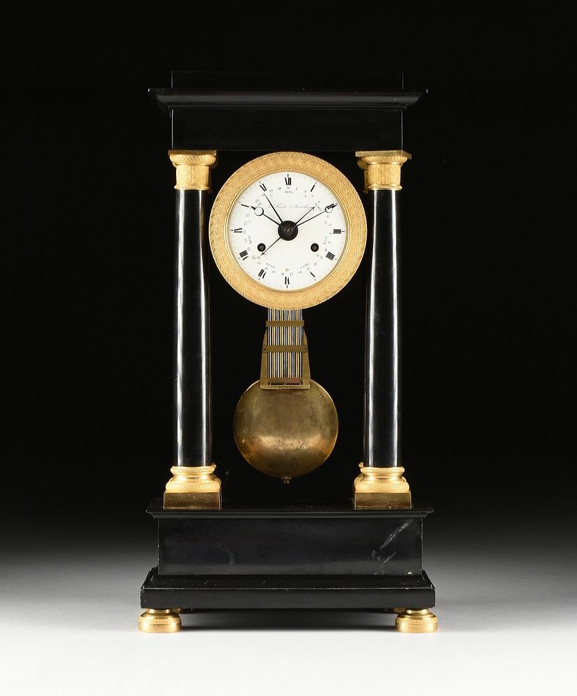 Appraisal: A CHARLES X ORMOLU MOUNTED POLISHED BLACK MARBLE PORTICO CLOCK