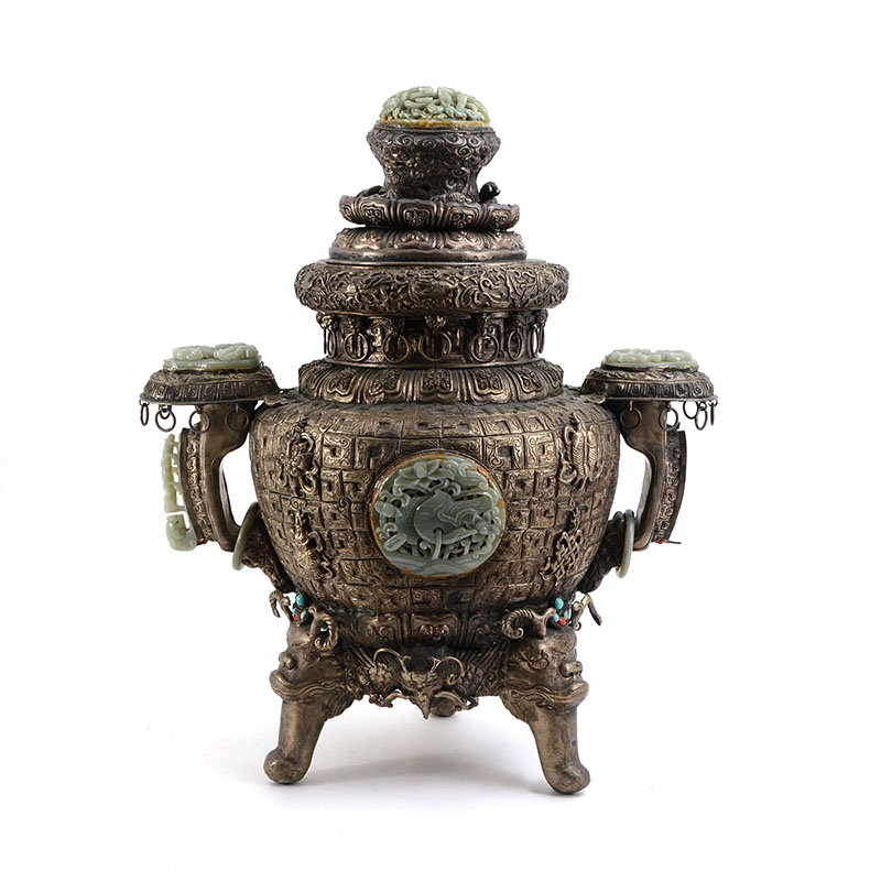 Appraisal: PALATIAL CHINESE JADE AND METAL CENSER Gold tone embossed metal