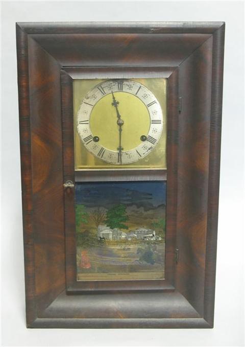 Appraisal: IODINE EMPIRE SPRINGS EGLOMISE MANTEL CLOCK th centyr American mahogany