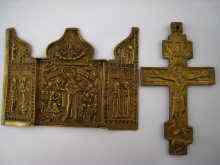 Appraisal: A cast brass Russian Orthodox crucifix and triptych