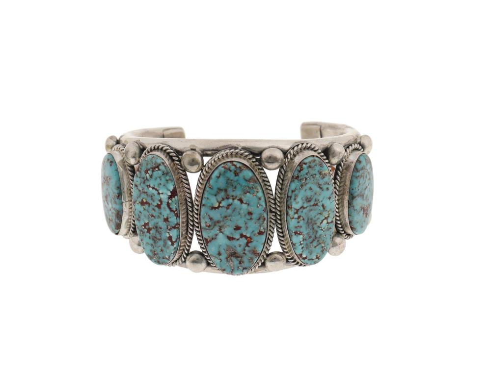 Appraisal: A Ray Bennett Navajo silver and turquoise cuff bracelet Fourth-Quarter