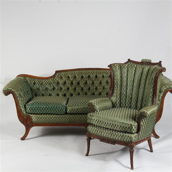 Appraisal: Victorian pc Scroll Arm Sofa High Back Armchair with Carved