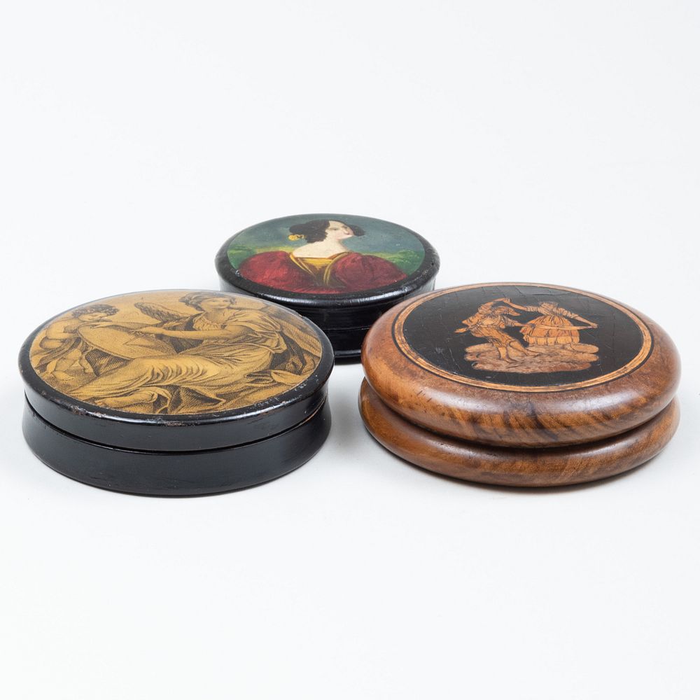 Appraisal: Three Circular Snuff Boxes Comprising A circular lacquer box with