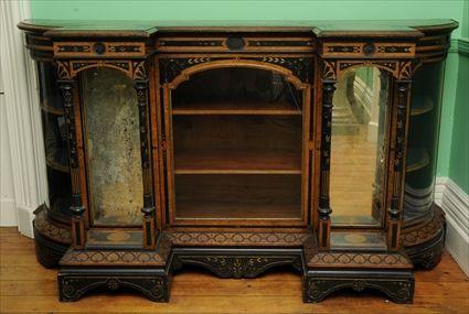 Appraisal: ENGLISH NEO-GREC PART-EBONIZED AND GILT-INCISED FIGURED MAPLE DRAWING ROOM CABINET