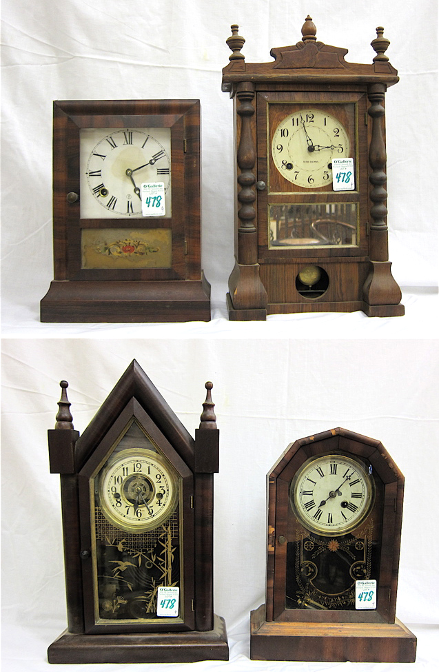 Appraisal: FOUR AMERICAN SHELF CLOCKS E N Welch cottage clock Seth