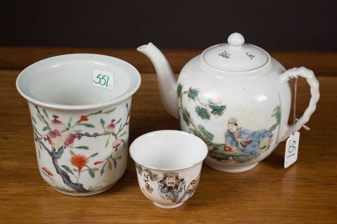 Appraisal: THREE CHINESE REPUBLIC PORCELAIN VESSELS Famille rose teapot with hand