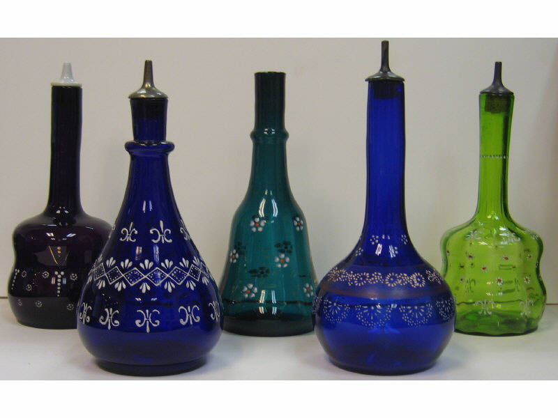 Appraisal: FIVE BLOWN GLASS ENAMELED DECORATED BARBER BOTTLES Estimate -