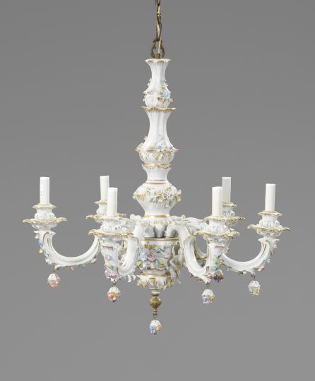 Appraisal: Dresden White and Gold Porcelain Six-Light Chandelier second quarter th