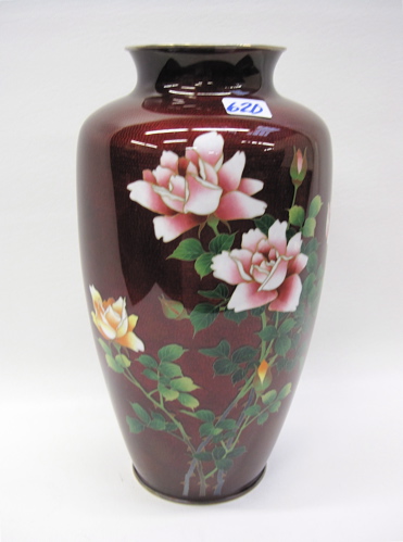 Appraisal: JAPANESE PIGEON BLOOD CLOISONNE VASE pink rose flowers on red