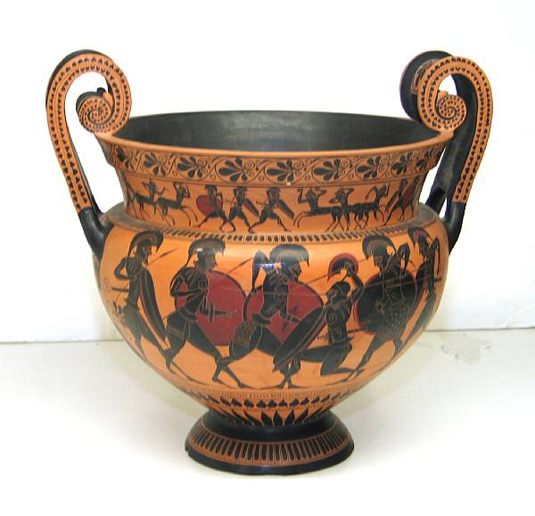 Appraisal: An Attic style black figure terracotta krater modern Flanked by