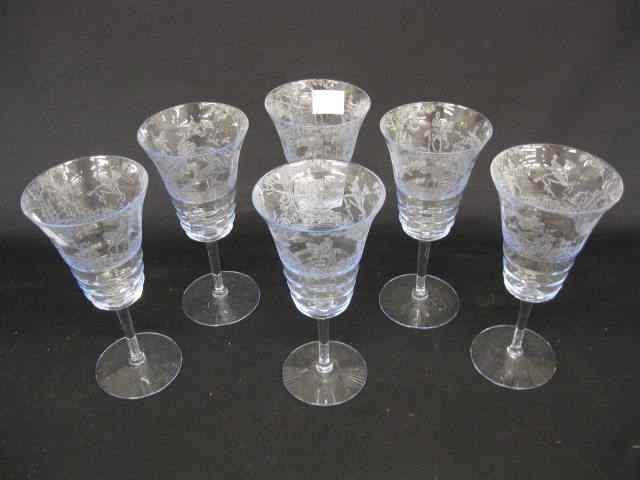 Appraisal: Set of Equestrian Wine Glasses etched jumping scenes on light